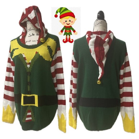 Holidays Christmas ELF KNITTED HOODED SWEATER FESTIVITY FUNNY SIZE XXLARGE - Picture 1 of 16